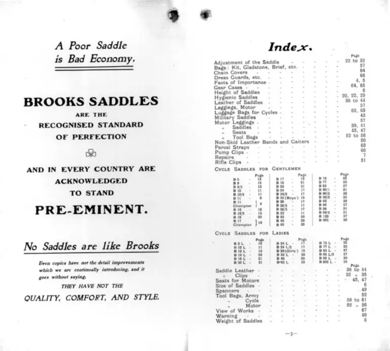 Brooks 1906 Catalog — Cycle and Motor Saddles, Seats and other Specialities — page 3 of 11