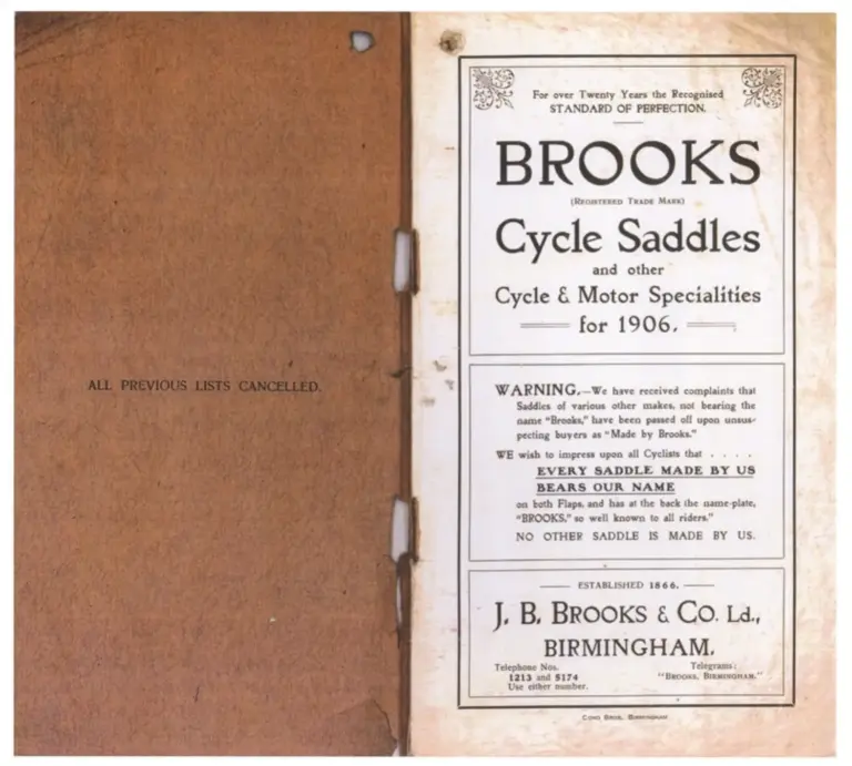 Brooks 1906 Catalog — Cycle and Motor Saddles, Seats and other Specialities — page 2 of 11