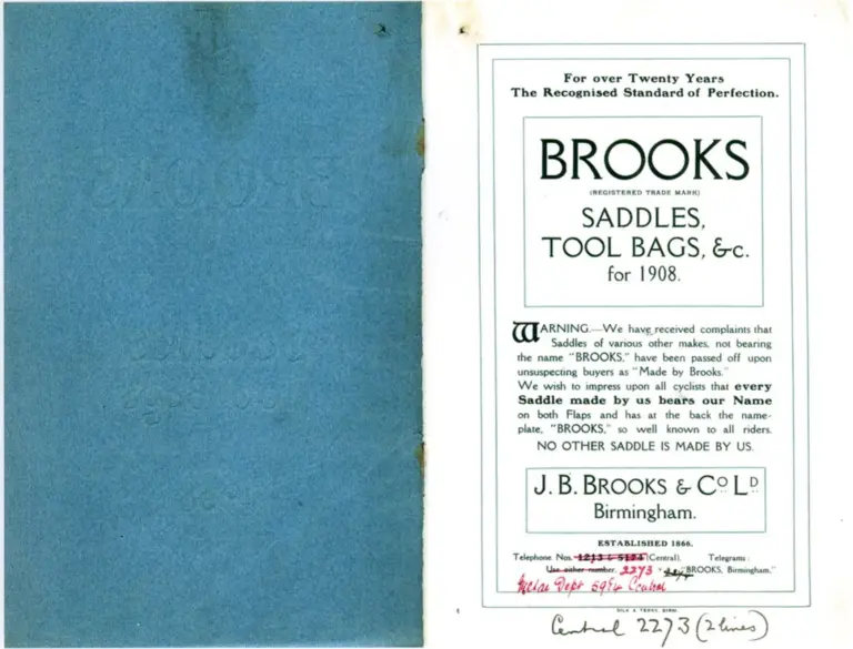 Brooks 1908 Catalog — Saddles, Tool Bags, etc. — page 2 of 10