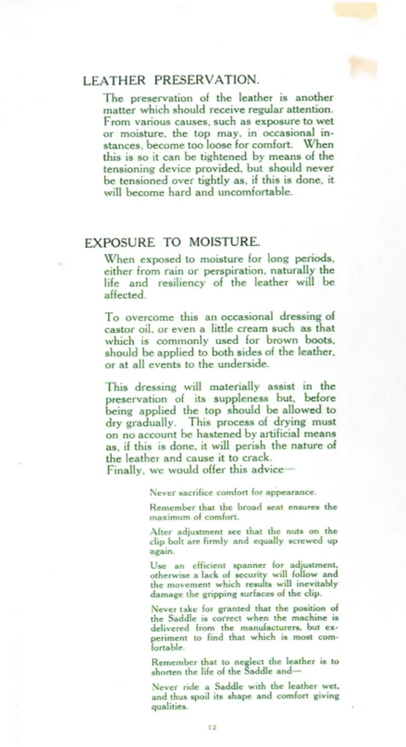 Printed page 12 of the Brooks 1911 catalog, set in green ink, headed Leather Preservation and Exposure to Moisture, recommending an occasional dressing of castor oil or brown boot cream and closing with a list of seven pieces of advice set in smaller type