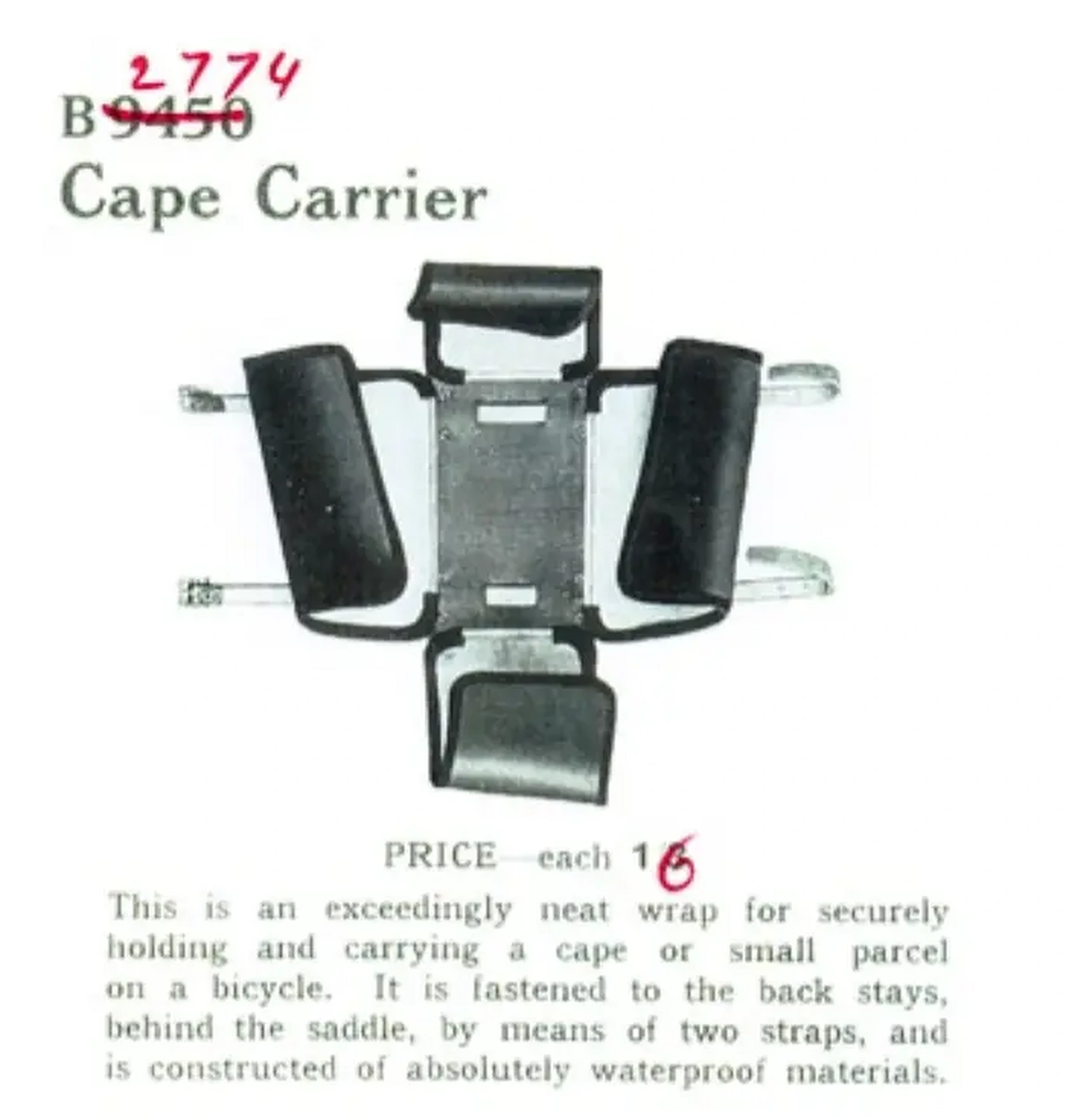 Detail of printed page 36 of the Brooks 1913 catalog showing the Cape Carrier, a leather and metal frame photographed from behind. The printed model number B 9450 is struck through in red ink with 2774 written above it, and a digit is added in red to the printed price