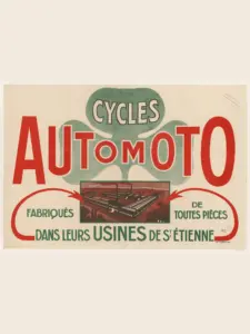 Automoto poster of 1914 shown whole on a cream ground: a green four-leaf clover with CYCLES reversed out of it, AUTOMOTO in tall red capitals across the full width, and a framed aerial vignette of the Saint-Etienne works with two red arrows curving in to point at it.