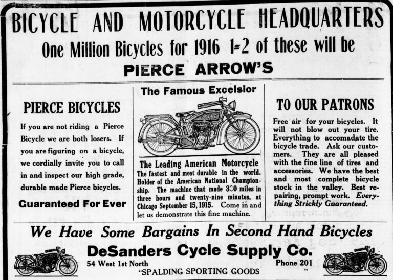 Pierce 1916 Advertisement — DeSanders Cycle Supply Co., Bicycle and Motorcycle Headquarters — page 1 of 1