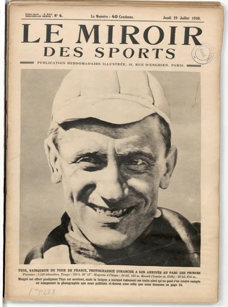 Le Miroir des Sports 29 July 1920 Cover — Philippe Thys, Winner of the Tour de France — page 1 of 1