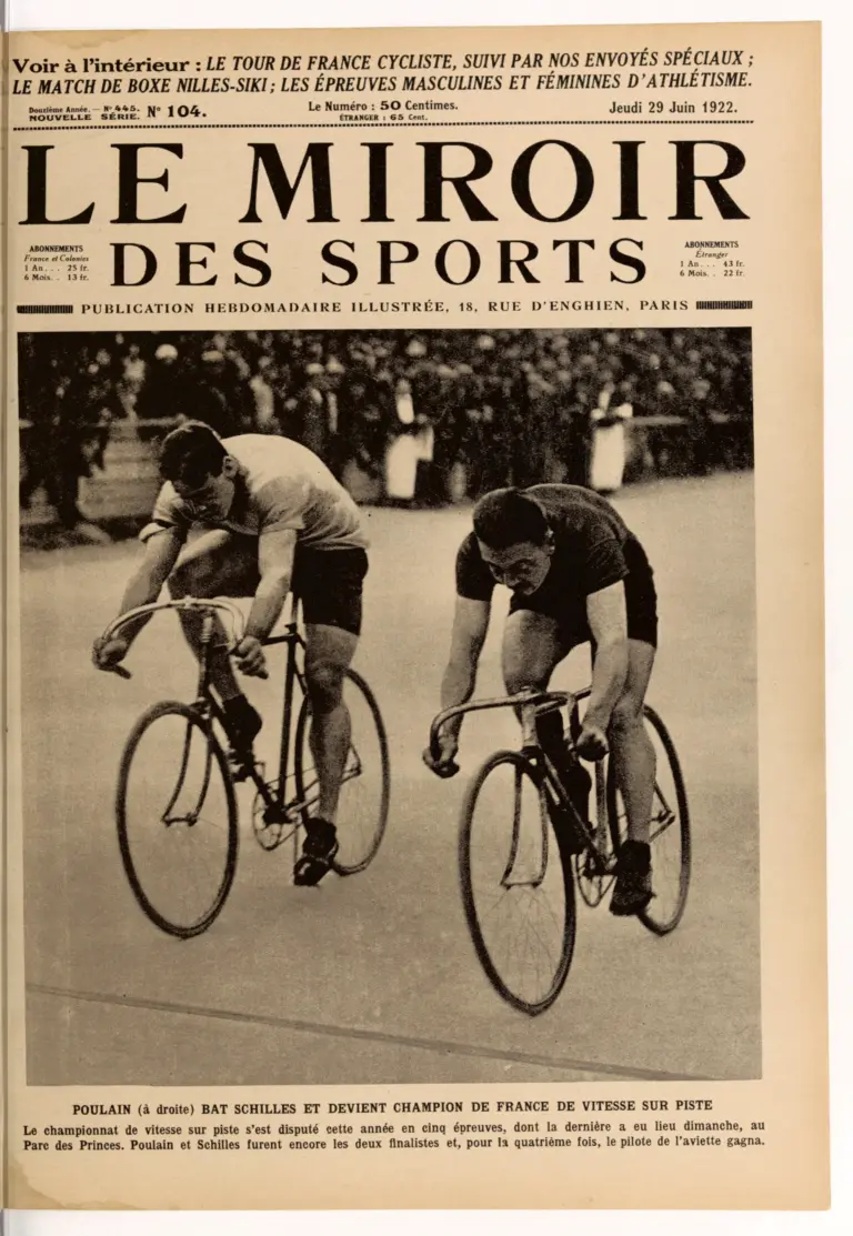 Le Miroir des Sports 29 June 1922 Cover — Poulain Beats Schilles for the French Track Sprint Title — page 1 of 1