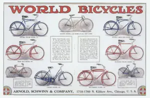 Color catalog page headed World Bicycles, listing Arnold, Schwinn and Company models 101 to 111 with the Chicago Kildare Avenue address