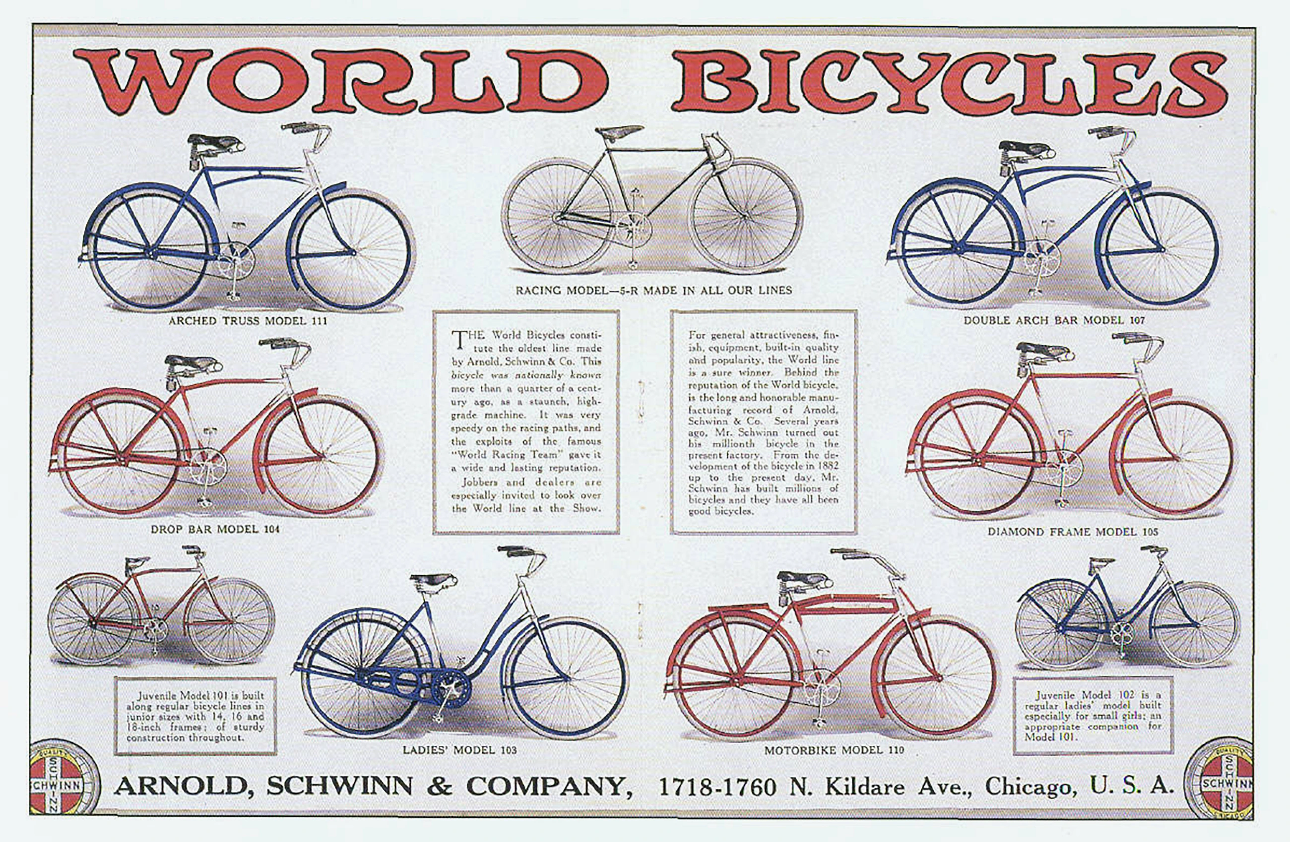 Color catalog page headed World Bicycles, listing Arnold, Schwinn and Company models 101 to 111 with the Chicago Kildare Avenue address