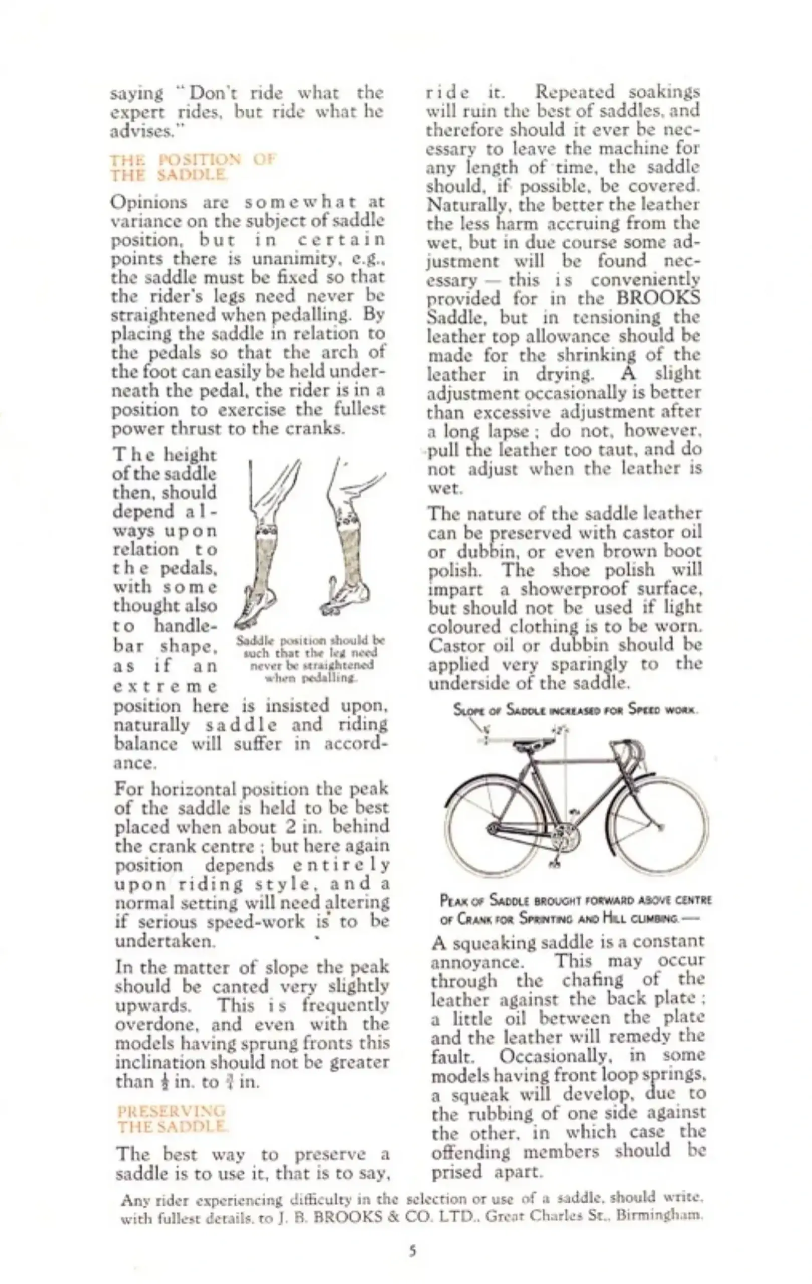 Printed page 5 of the Brooks 1927 catalog in two columns with orange side-headings reading The Position of the Saddle and Preserving the Saddle, illustrated with a small drawing of a rider's legs at the pedals and a side view of a bicycle annotated for saddle slope and peak position