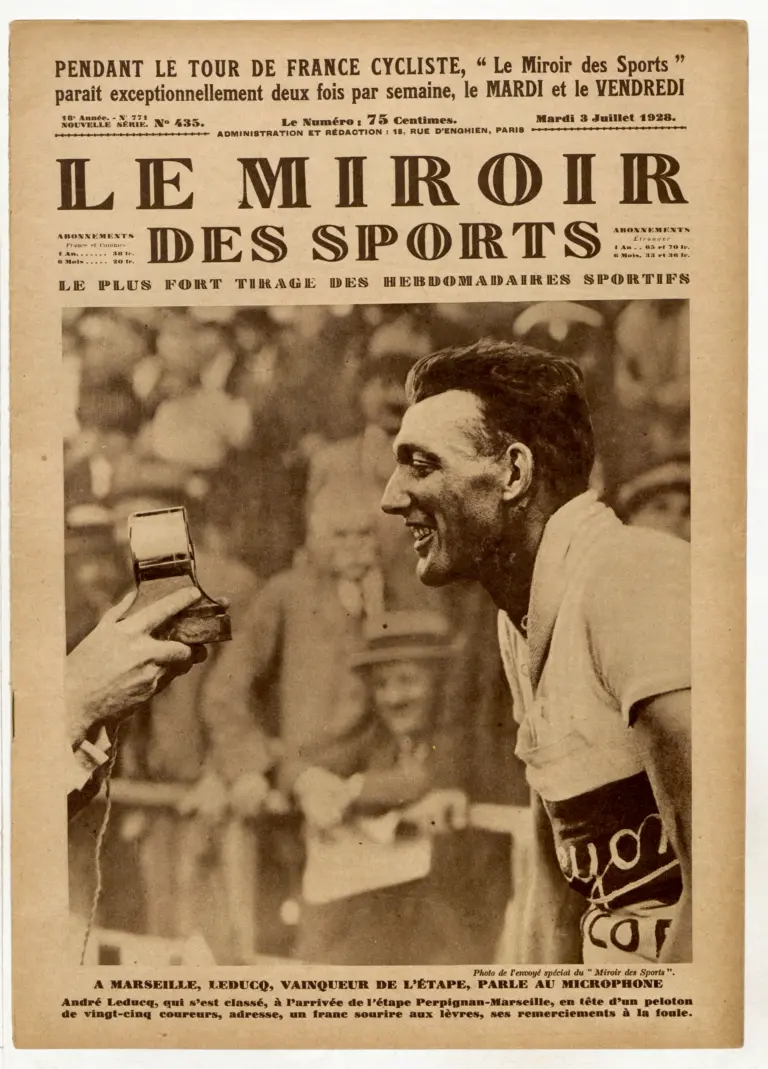 Le Miroir des Sports 3 July 1928 Cover — André Leducq Speaks at the Microphone in Marseille — page 1 of 1