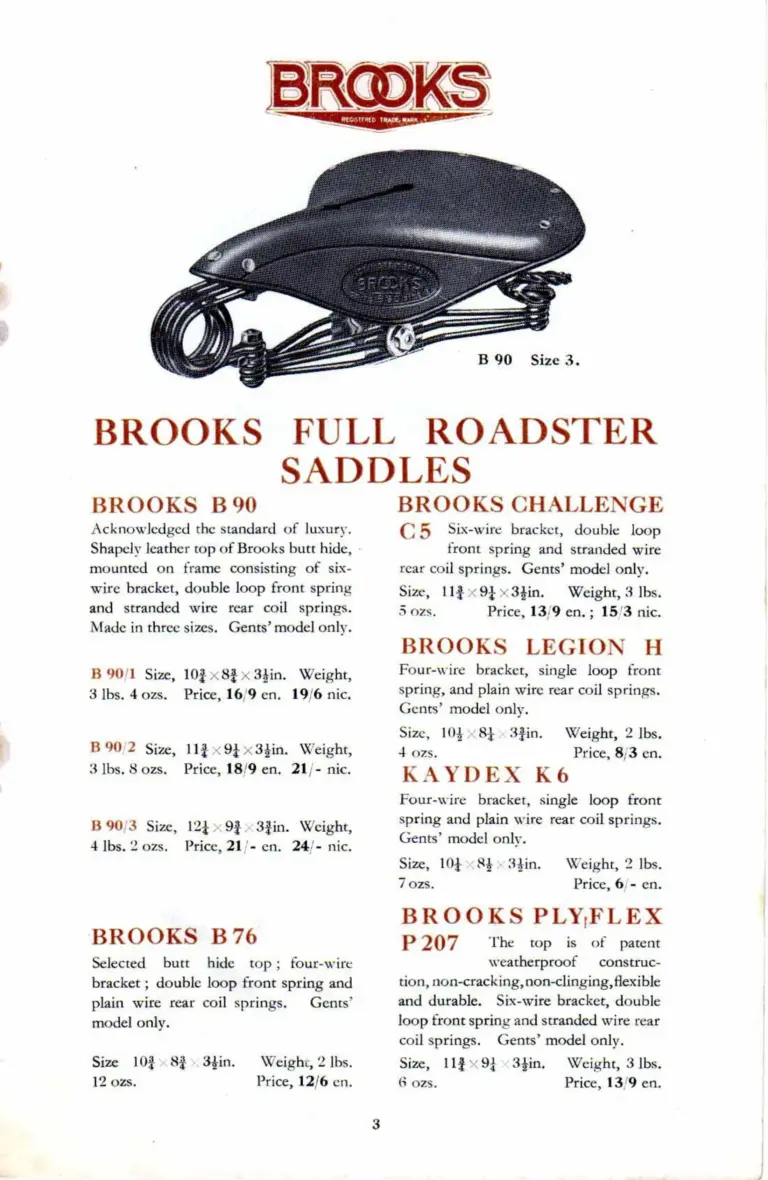Brooks 1932 Catalog — The Brooks Book of Cycle and Motor Cycle Saddles and Equipment (List No. 158) — page 3 of 10