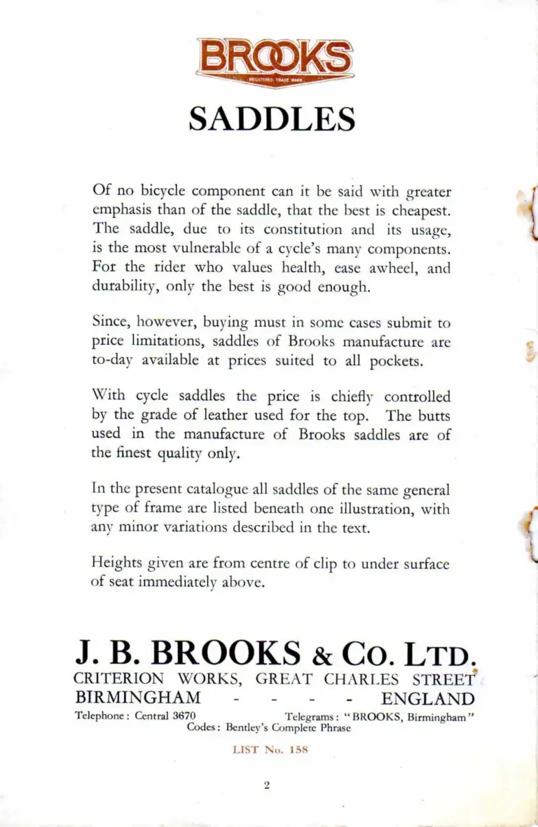 Brooks 1932 Catalog — The Brooks Book of Cycle and Motor Cycle Saddles and Equipment (List No. 158) — page 2 of 10