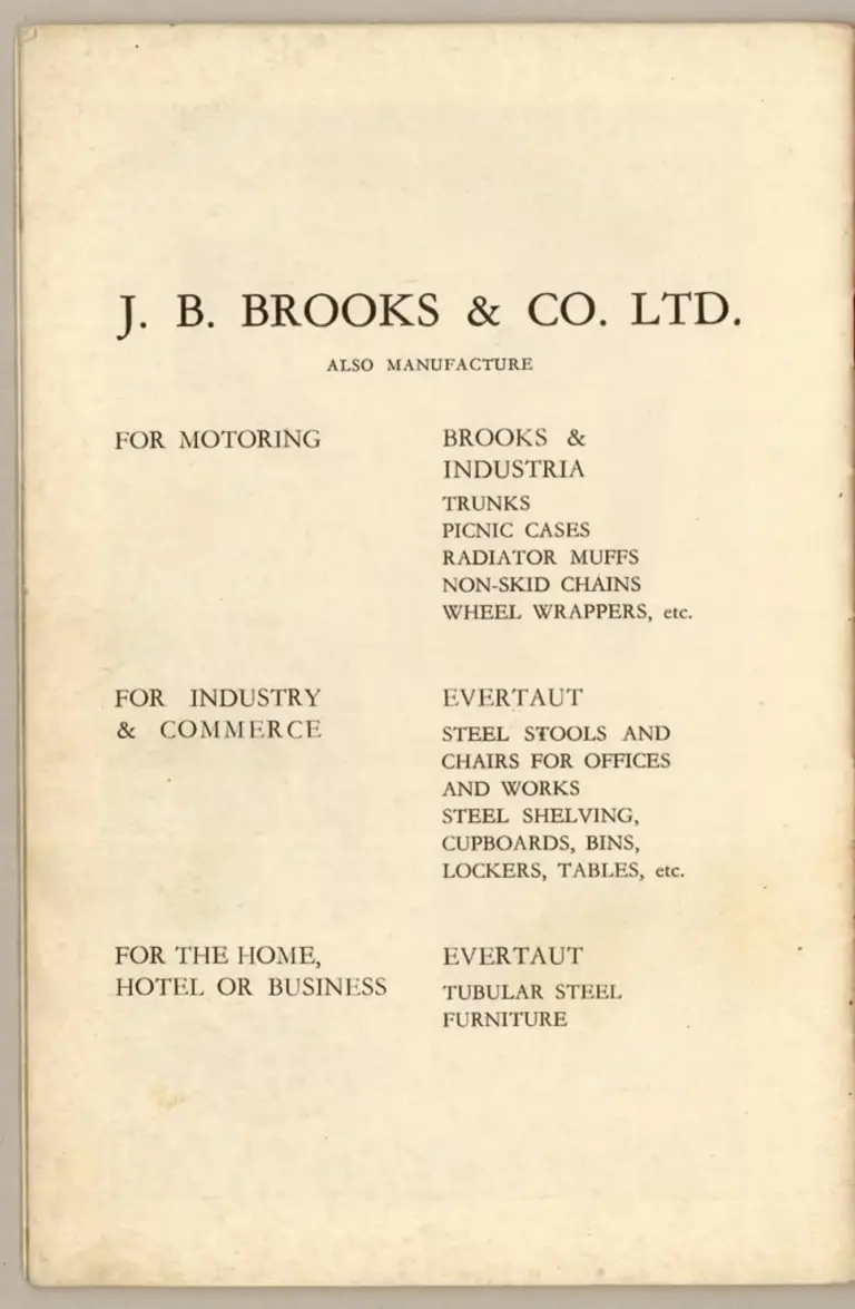 Brooks 1933 Catalog — Saddles and Riding Kit for Cyclists and Motor Cyclists (List No. 168) — page 14 of 14