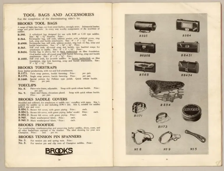 Brooks 1933 Catalog — Saddles and Riding Kit for Cyclists and Motor Cyclists (List No. 168) — page 12 of 14
