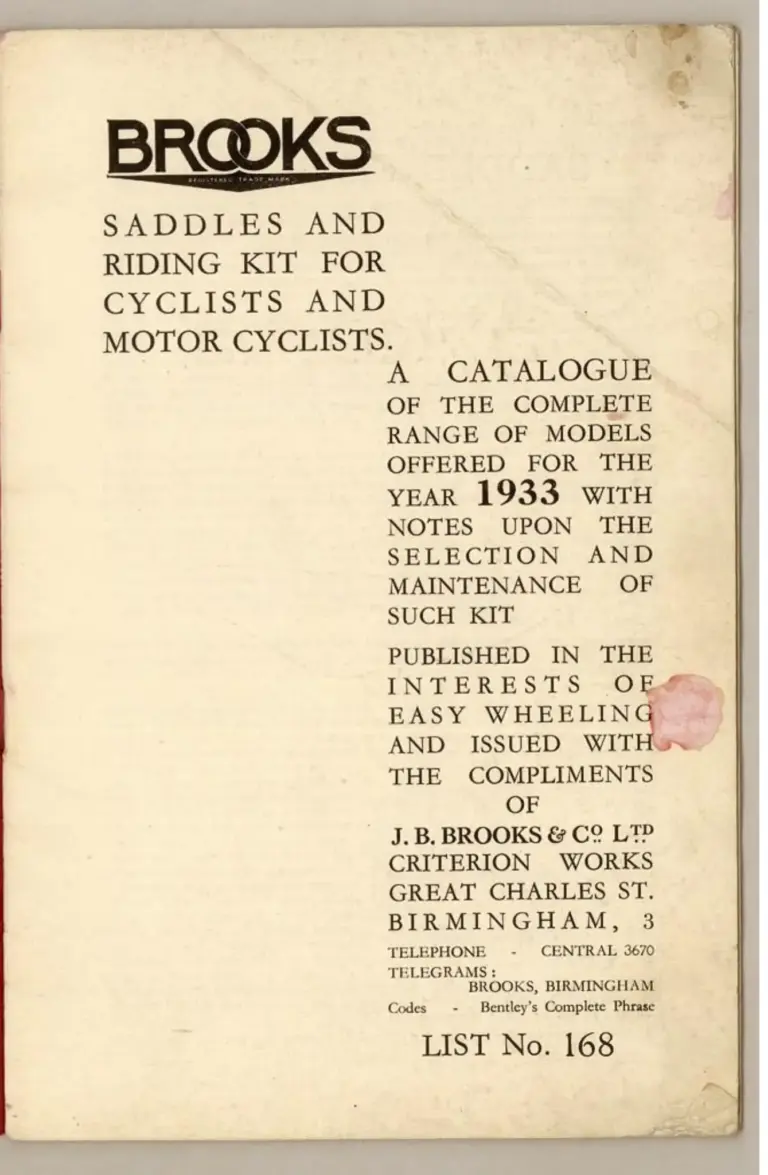 Brooks 1933 Catalog — Saddles and Riding Kit for Cyclists and Motor Cyclists (List No. 168) — page 2 of 14