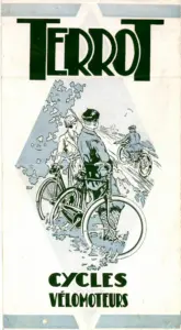Cover of the 1933 Terrot cycles and vélomoteurs catalog: two cyclists halted under roadside trees inside a pale blue lozenge while a vélomoteur rides away up the road, lettered TERROT above and CYCLES VÉLOMOTEURS below.