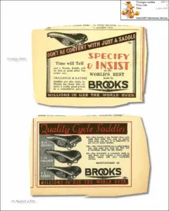 One sheet carrying two irregularly trimmed newspaper advertisements mounted one above the other against white, with the host's catalogue block printed at the top right. The upper advertisement shows a sprung leather saddle above a diagonal banner reading DON'T BE CONTENT WITH JUST A SADDLE, with SPECIFY & INSIST in red beside a paragraph of text. The lower advertisement is headed Quality Cycle Saddles and stacks three saddles in halftone down its left side, each labelled with a model number and a brand name, with a paragraph beside each and the Brooks name plate at the lower right. A red-lettered band across the foot of each reads MILLIONS IN USE THE WORLD OVER.