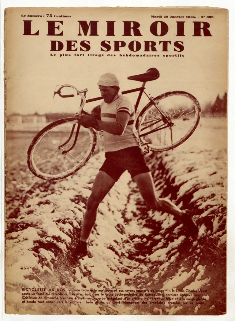 Le Miroir des Sports 29 January 1935 Cover — Charles Vaast, Bicycle on His Back, at Rambouillet — page 1 of 1