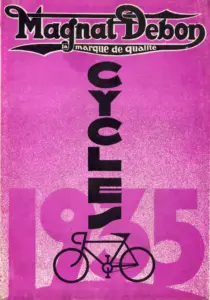 Cover of the 1935 Magnat-Debon cycles catalog: the wordmark and la marque de qualité over a magenta spatter ground, with CYCLES stacked vertically, the year 1935 ghosted across the sheet and a black bicycle silhouette at the foot.