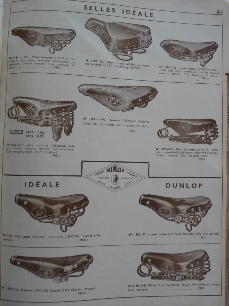 Page 41 of the 1939 Gentil et Cie catalog headed Selles Idéale, showing ten models numbered 1151 to 1160 with their dimensions and spring counts beneath the Dunlop Drilastic diamond