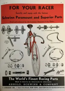 Trade advertisement headed For Your Racer, showing a red Schwinn racing bicycle surrounded by labeled photographs of large-flange racing hubs, Dural featherweight hubs, Paramount and Superior crank sets, head sets, an axle set and a Goullet racing bar