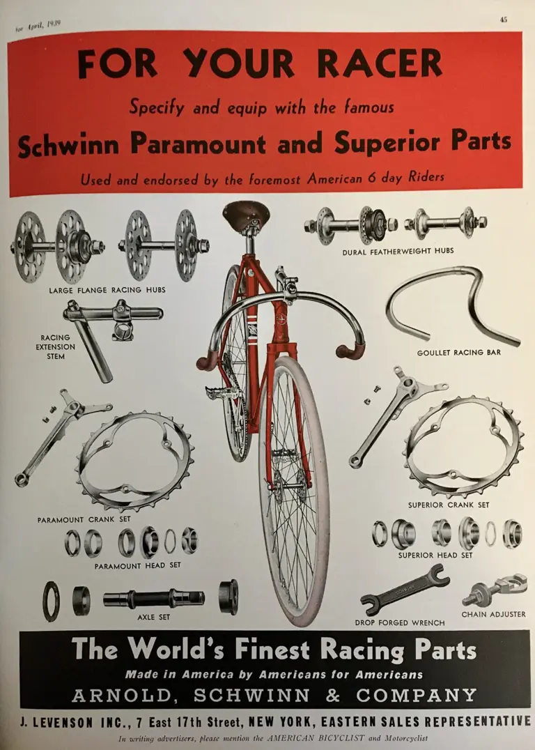 Trade advertisement headed For Your Racer, showing a red Schwinn racing bicycle surrounded by labeled photographs of large-flange racing hubs, Dural featherweight hubs, Paramount and Superior crank sets, head sets, an axle set and a Goullet racing bar