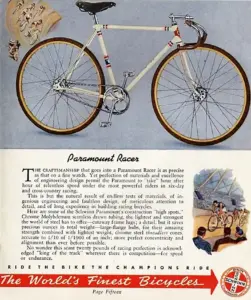 Color catalog page showing a cream Schwinn Paramount Racer track bicycle with red and blue frame bands, above text headed Paramount Racer and the line Ride the Bike the Champions Ride