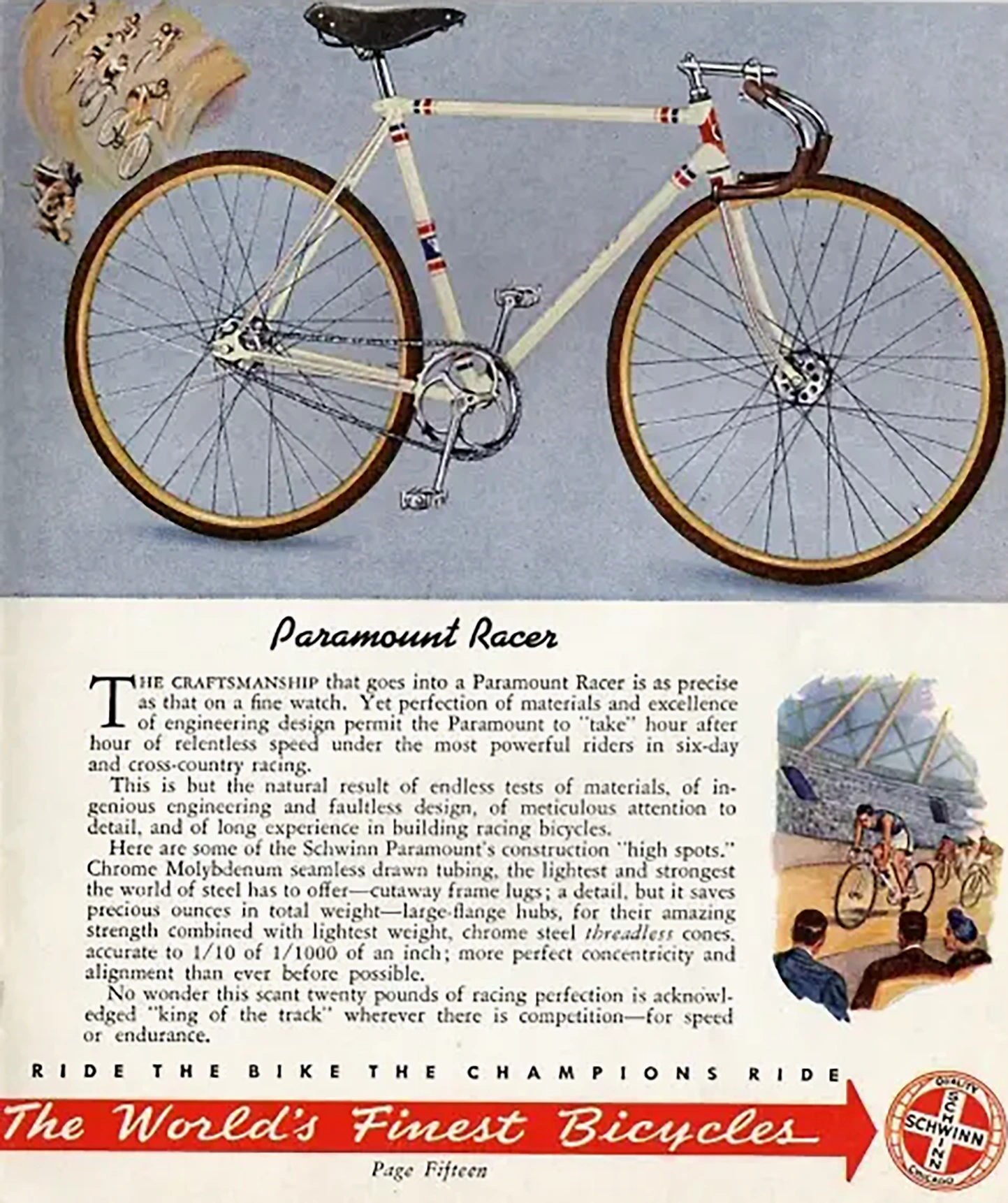 Color catalog page showing a cream Schwinn Paramount Racer track bicycle with red and blue frame bands, above text headed Paramount Racer and the line Ride the Bike the Champions Ride