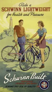 Color poster headed Ride a Schwinn Lightweight for Health and Pleasure, showing a young man and a young woman with two Schwinn lightweight bicycles on a coastal path below a lighthouse