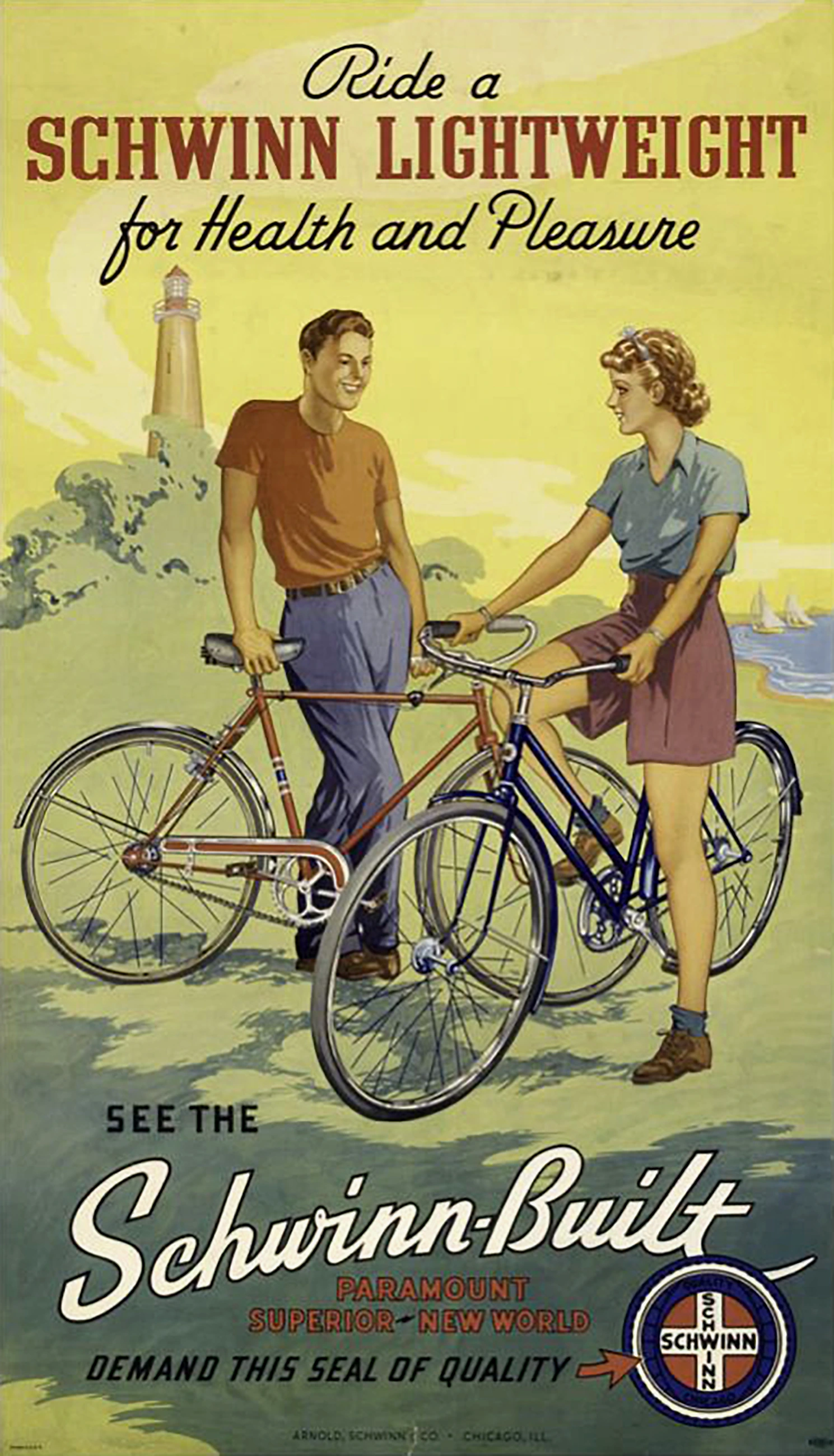 Color poster headed Ride a Schwinn Lightweight for Health and Pleasure, showing a young man and a young woman with two Schwinn lightweight bicycles on a coastal path below a lighthouse