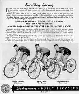 Monochrome catalog page headed Six-Day Racing, with text on the Schwinn team and portrait photographs of racing riders at the foot of the page