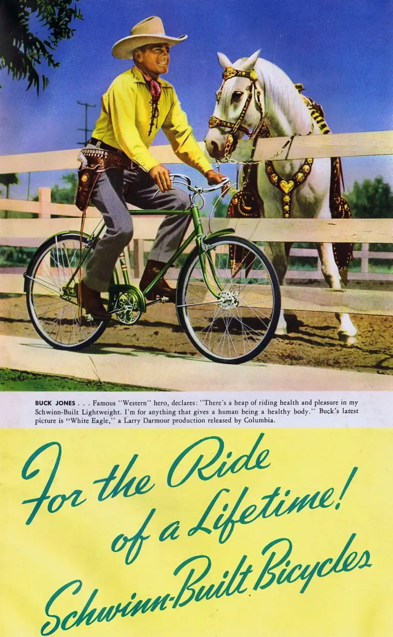 Color advertisement showing the film actor Buck Jones in a cowboy hat riding a green Schwinn-Built lightweight beside his white horse at a paddock fence, above the script line For the Ride of a Lifetime