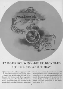 Sepia catalog page reproducing an 1890s Arnold, Schwinn and Company advertisement with a globe trademark reading The World, above the heading Famous Schwinn-Built Bicycles of the 90s and Today