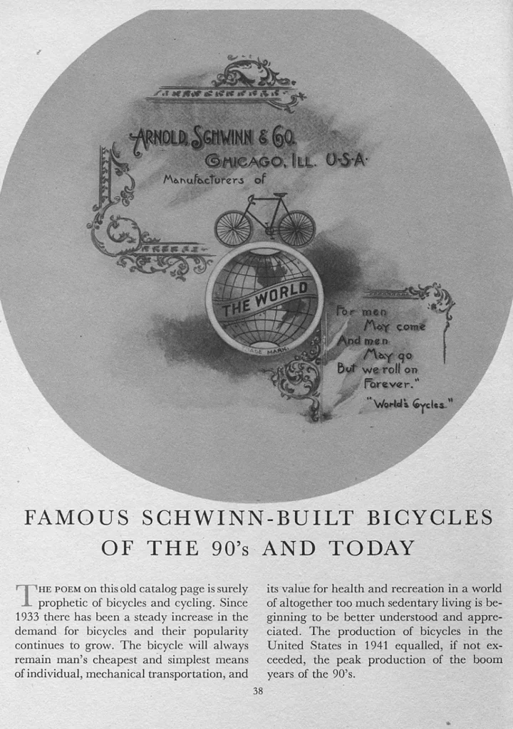Sepia catalog page reproducing an 1890s Arnold, Schwinn and Company advertisement with a globe trademark reading The World, above the heading Famous Schwinn-Built Bicycles of the 90s and Today