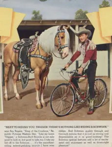 Advertisement showing the film star Roy Rogers with his palomino horse Trigger beside a Schwinn-Built bicycle