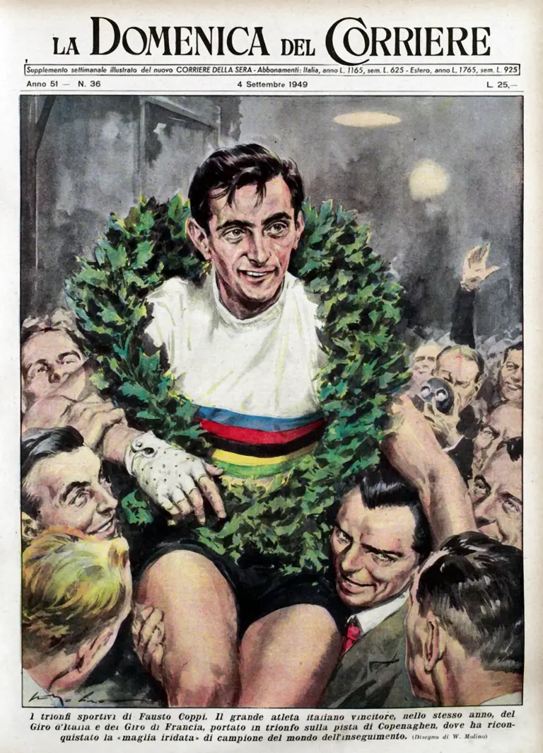 La Domenica del Corriere 4 September 1949 Cover — Coppi, World Pursuit Champion — page 1 of 1