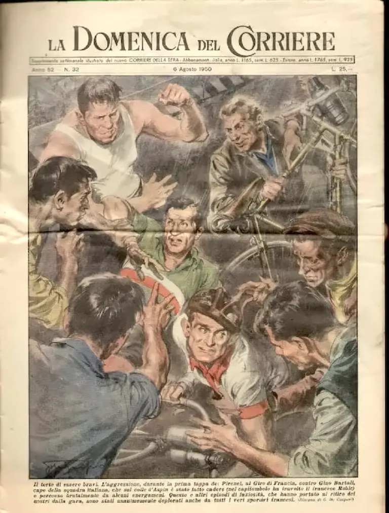 La Domenica del Corriere 6 August 1950 Cover — Bartali Attacked on the Col d’Aspin — page 1 of 1