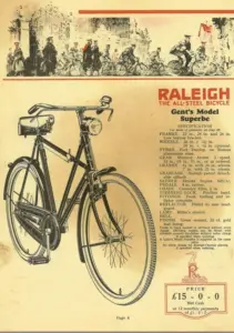 Raleigh catalog page 4: a black Gent's Model Superbe roadster drawn in profile with a full chaincase, sprung saddle and dynamo lamp, its specification set beside it in a narrow column, a red price box at the foot reading fifteen pounds, and a vignette of uniformed men with bicycles across the head of the page.