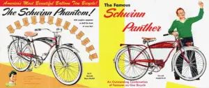 Two-page color catalog spread, the Schwinn Phantom B-17 26-inch boys model on the left with feature callouts and the Schwinn Panther Model D-27 on the right beside a boy in a green sweater