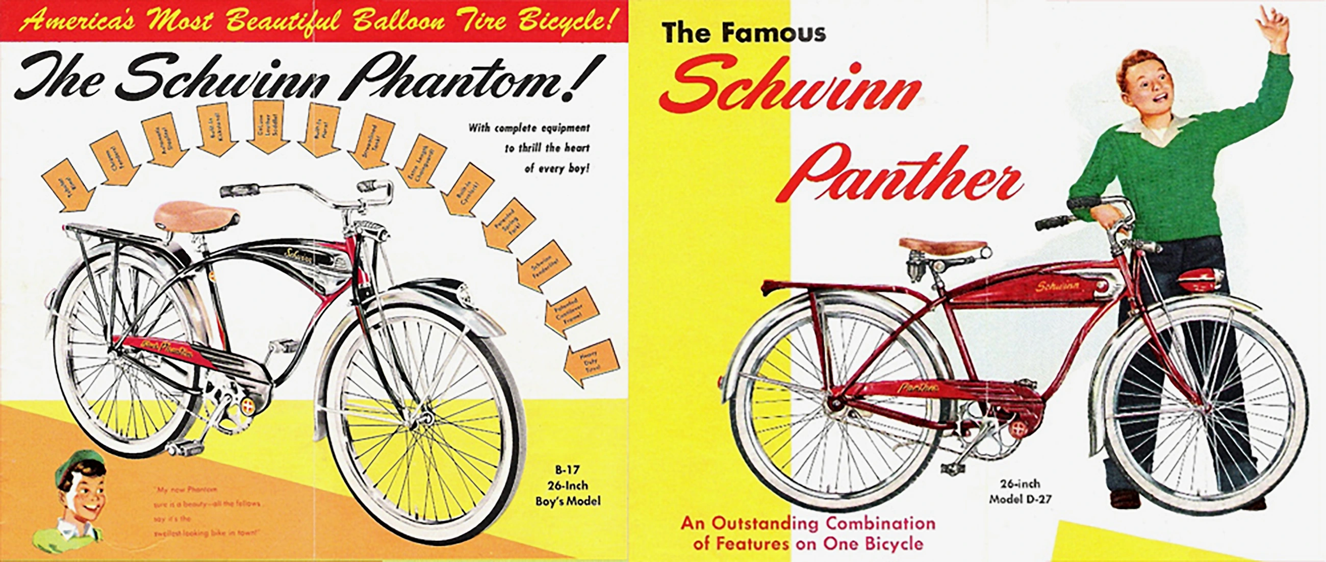 Two-page color catalog spread, the Schwinn Phantom B-17 26-inch boys model on the left with feature callouts and the Schwinn Panther Model D-27 on the right beside a boy in a green sweater