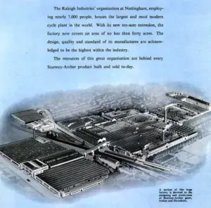 A Sturmey-Archer catalog page printed in blue: a bird's-eye drawing of the Raleigh works at Nottingham, rank after rank of saw-tooth roofs with a covered bridge between two blocks, chimneys and rail sidings, and RALEIGH INDUSTRIES LIMITED lettered along the nearest roof ridges.