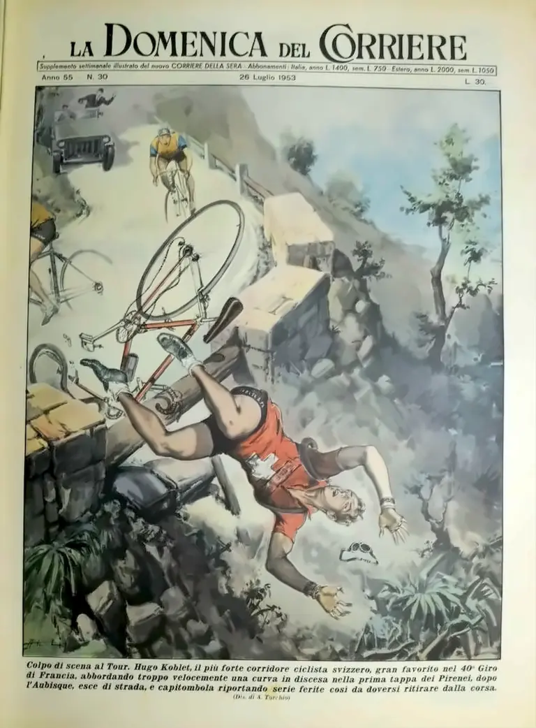 La Domenica del Corriere 26 July 1953 Cover — Koblet Crashes in the Pyrenees — page 1 of 1