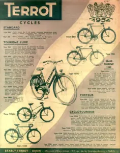 The 1954 Terrot bicycle range on one sheet, printed in dark green on tan: six ranges from Standard to Cyclotourisme with fourteen model types, frame sizes and equipment, illustrated with five machines.