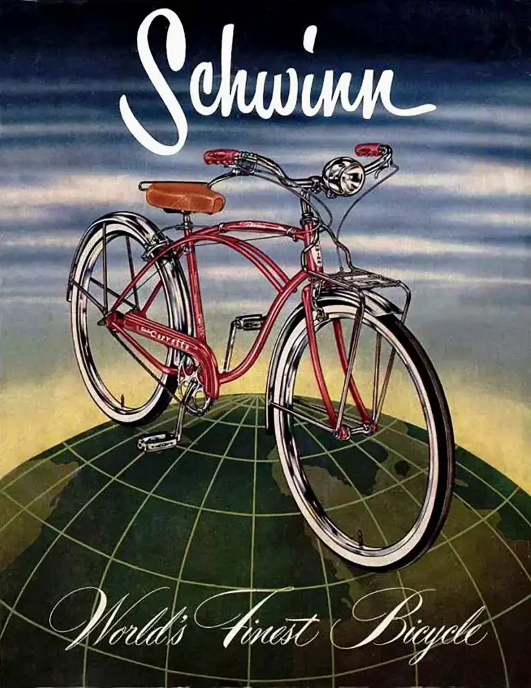 Catalog cover painting of a red Schwinn Corvette balloon-tire bicycle with whitewall tires and a headlight, standing on a green globe against a night sky, under the Schwinn script wordmark and the line World's Finest Bicycle