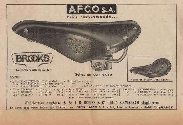 Brooks 1959 Advertisement — AFCO S.A., L'Officiel du cycle (Lycett L 15 beside the B 17) — page 1 of 1