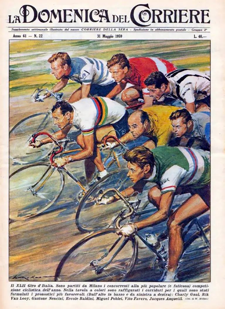 La Domenica del Corriere 31 May 1959 Cover — The Favorites for the XLII Giro — page 1 of 1