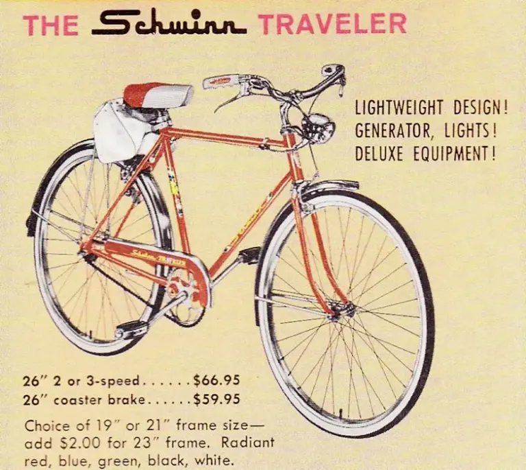 Catalog page showing a red Schwinn Traveler with a saddlebag, generator lighting and drop-center rims, headed The Schwinn Traveler with the lines Lightweight Design, Generator, Lights, Deluxe Equipment