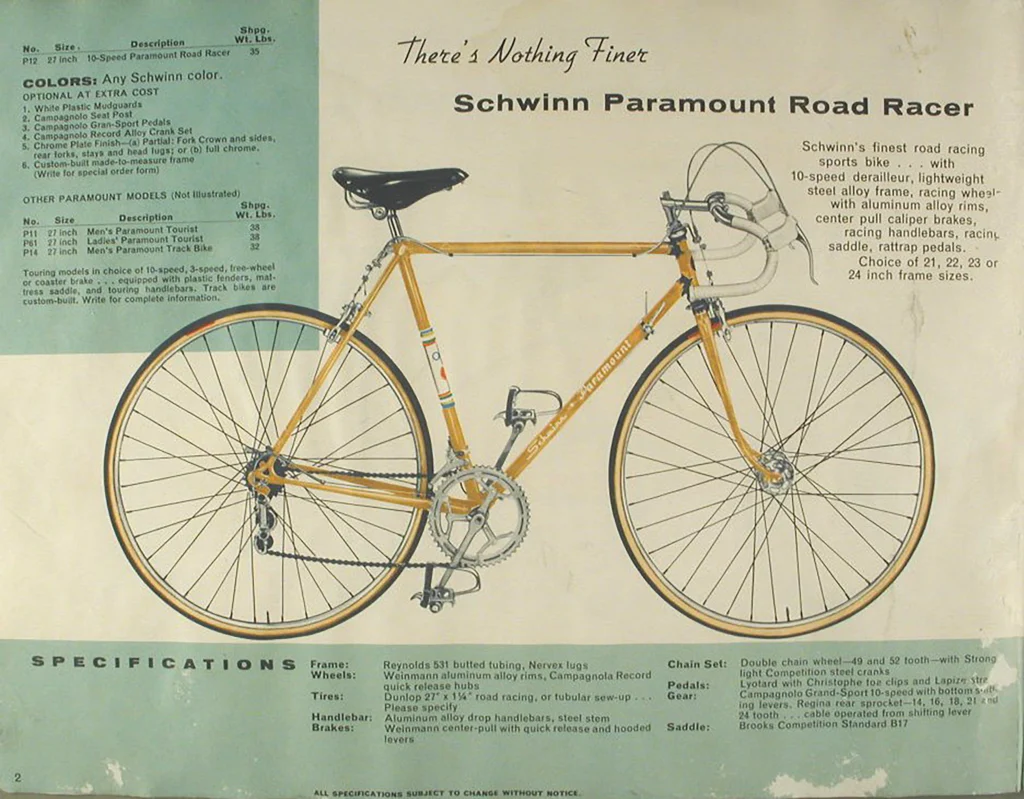 Dealer catalog page showing a gold Schwinn Paramount Road Racer with drop handlebars, headed There’s Nothing Finer, with a specification panel listing Reynolds 531 butted tubing and Nervex lugs