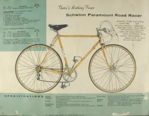 Dealer catalog page showing a gold Schwinn Paramount Road Racer with drop handlebars, headed "There's Nothing Finer", with a specification panel listing Reynolds 531 butted tubing and Nervex lugs