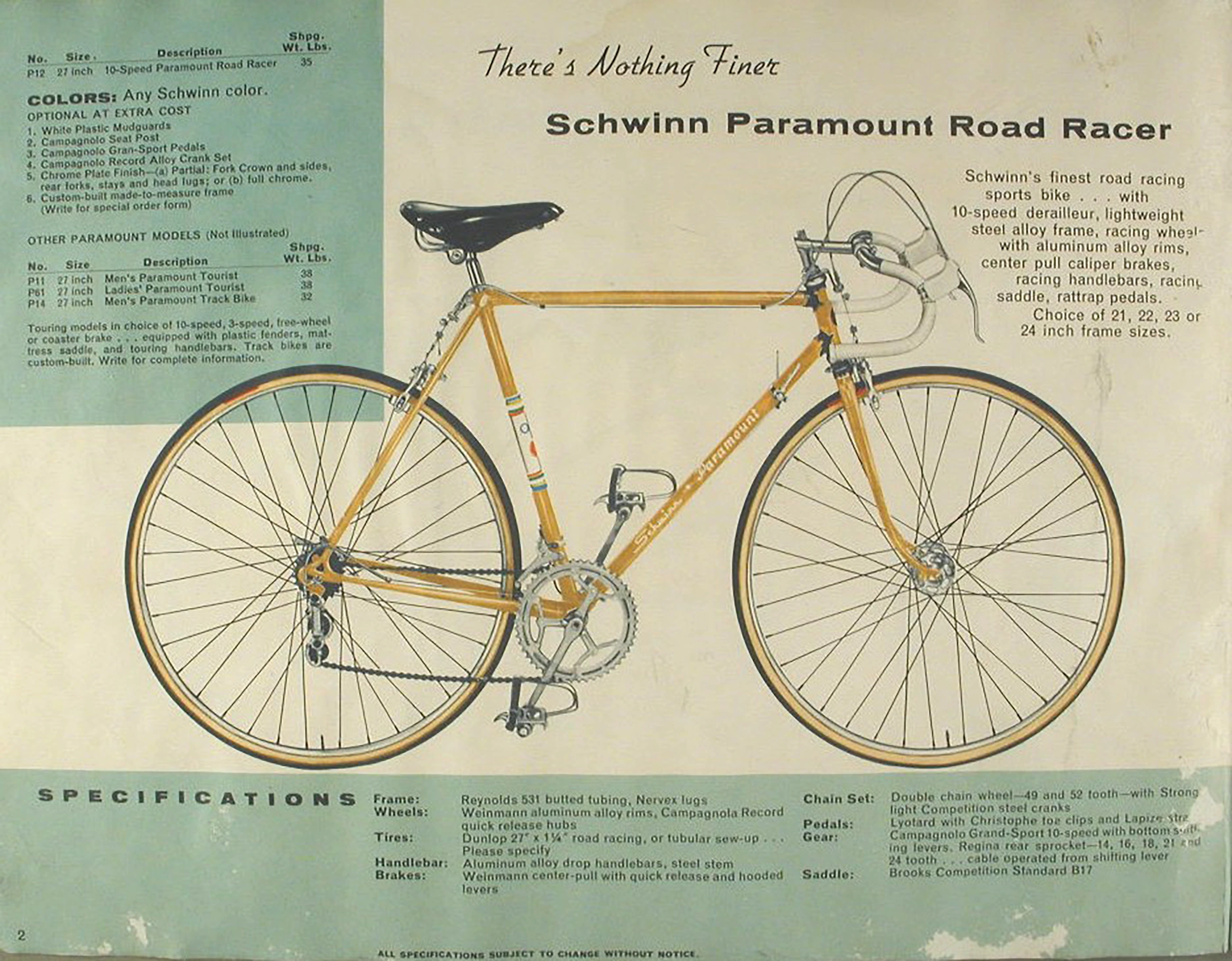 Dealer catalog page showing a gold Schwinn Paramount Road Racer with drop handlebars, headed There’s Nothing Finer, with a specification panel listing Reynolds 531 butted tubing and Nervex lugs