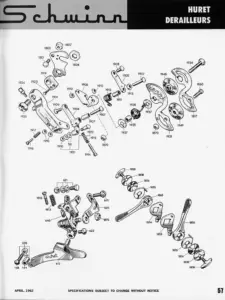 Exploded parts diagram of Huret derailleurs and shift levers with numbered callouts, under a Schwinn script header